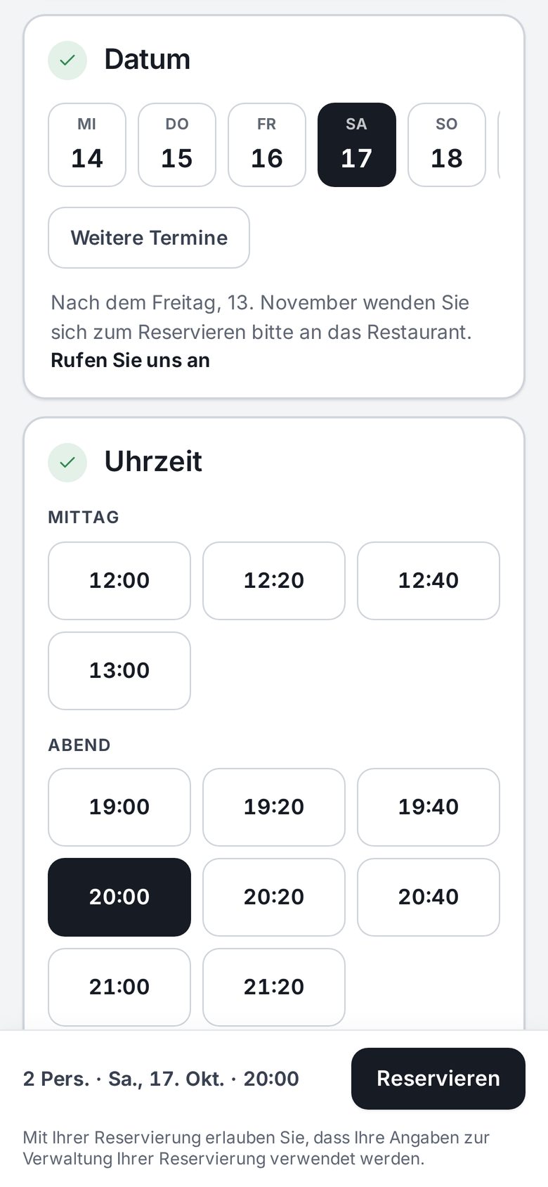 Die Reservierungsseite des Restaurants auf dem Handy