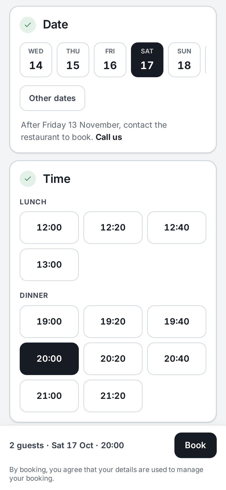 The restaurant’s booking page on a phone