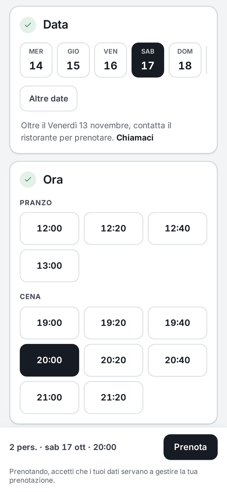 La pagina di prenotazione del ristorante sul telefono